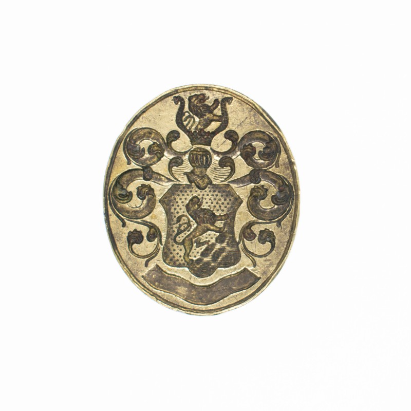 Sceau / cachet  avec armoiries à identifier. Ecu au lion surmonté d’un heaume et d’un lion.
