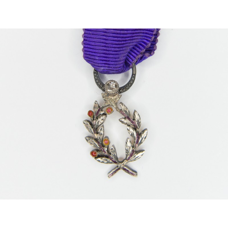 Miniature medal of academic palms, silver, email, diamond and ribbon.