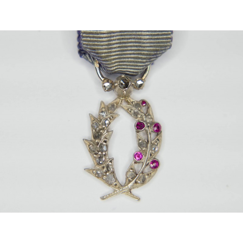 Miniature medal of academic palms set with diamonds and rubies, with its ribbon.