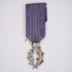 Belle médaille de l'ordre des palmes académiques en or blanc et jaune, ornée de diamant et rubis.