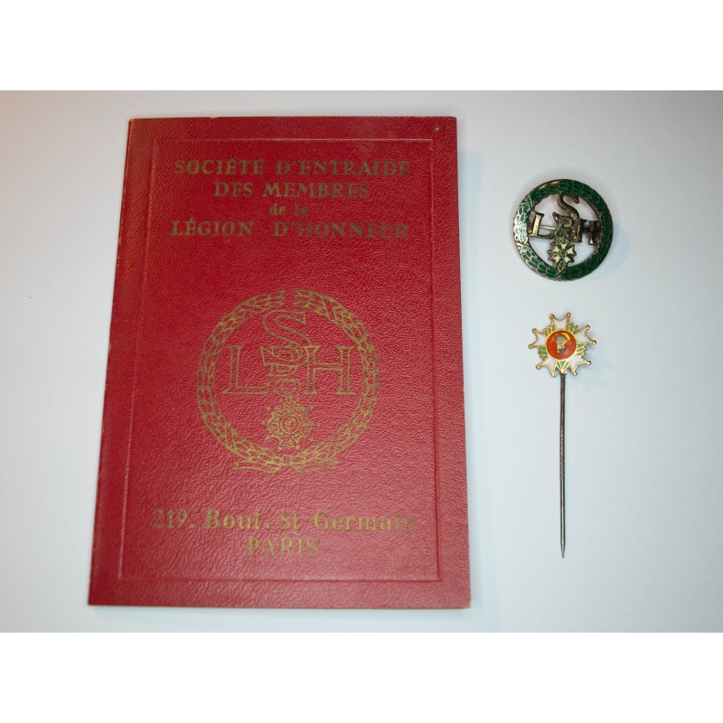 Service society card of members of the Legion of Honour with legion of honour society badge and pin.