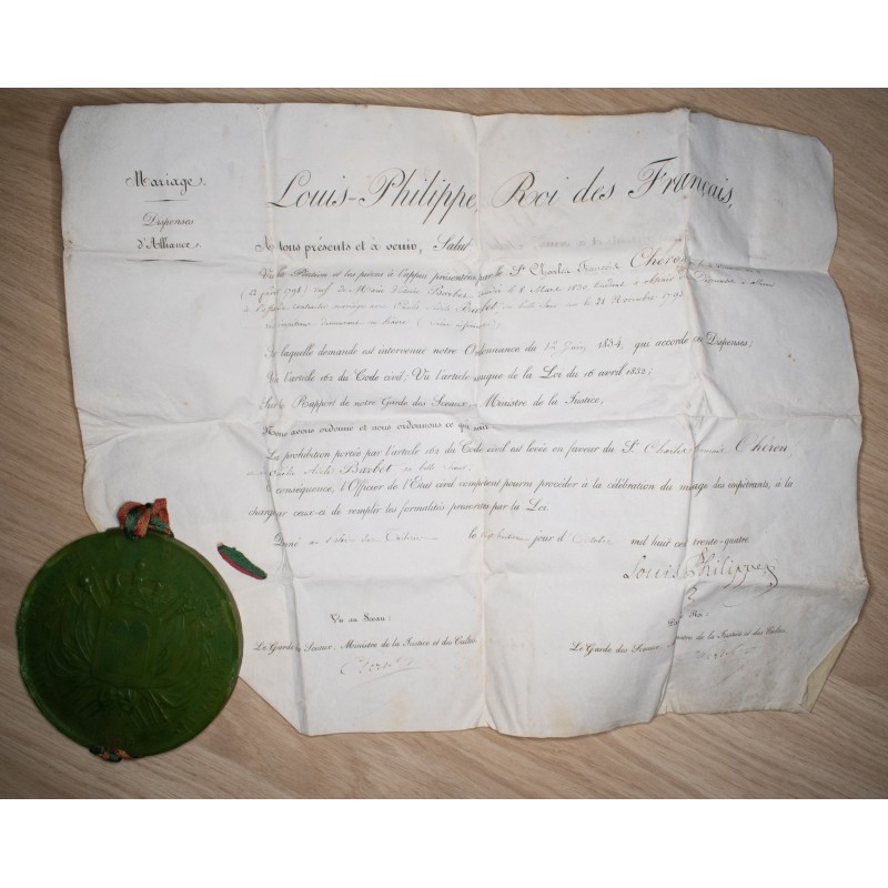 Dispense d'alliance de mariage signée par le roi Louis-Philippe .